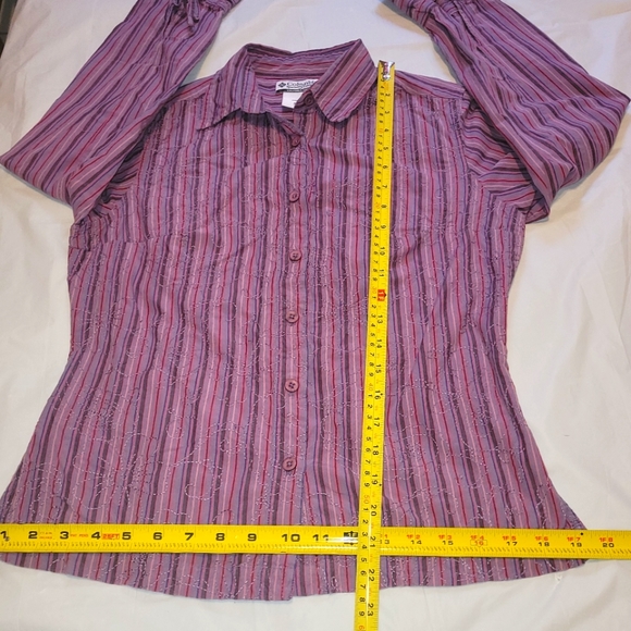 Columbia Purple Striped Button-Down Shirt w/ Floral Embroidery & Tie Sleeves Sm. - Picture 13 of 16